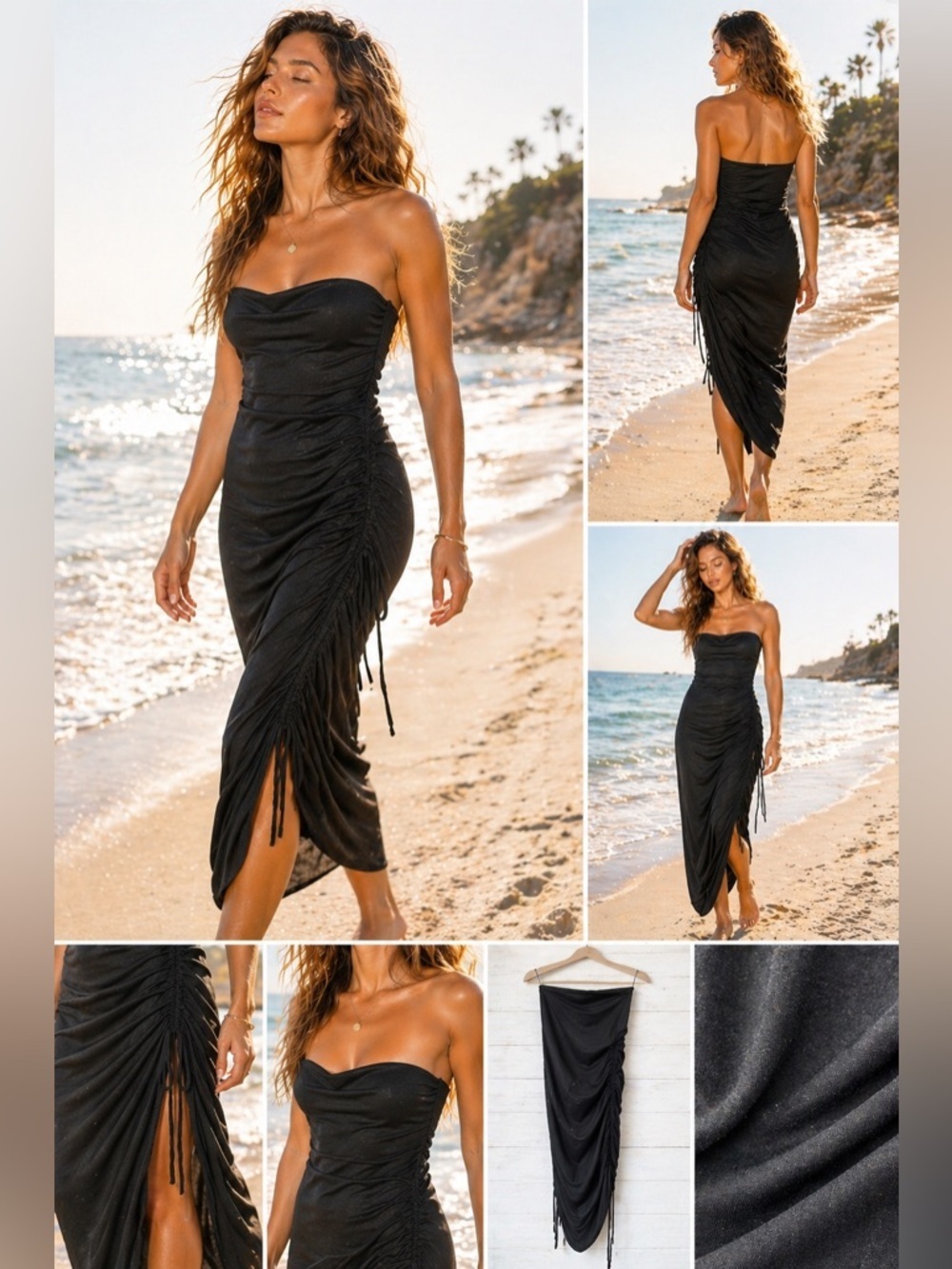 Intimately Free People Black Ruched Strapless Maxi Dress Size L Side Drawstring